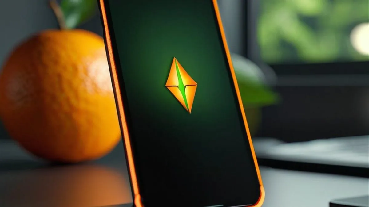 Celular con borde naranja en un soporte y un icono luminoso en pantalla verde oscura