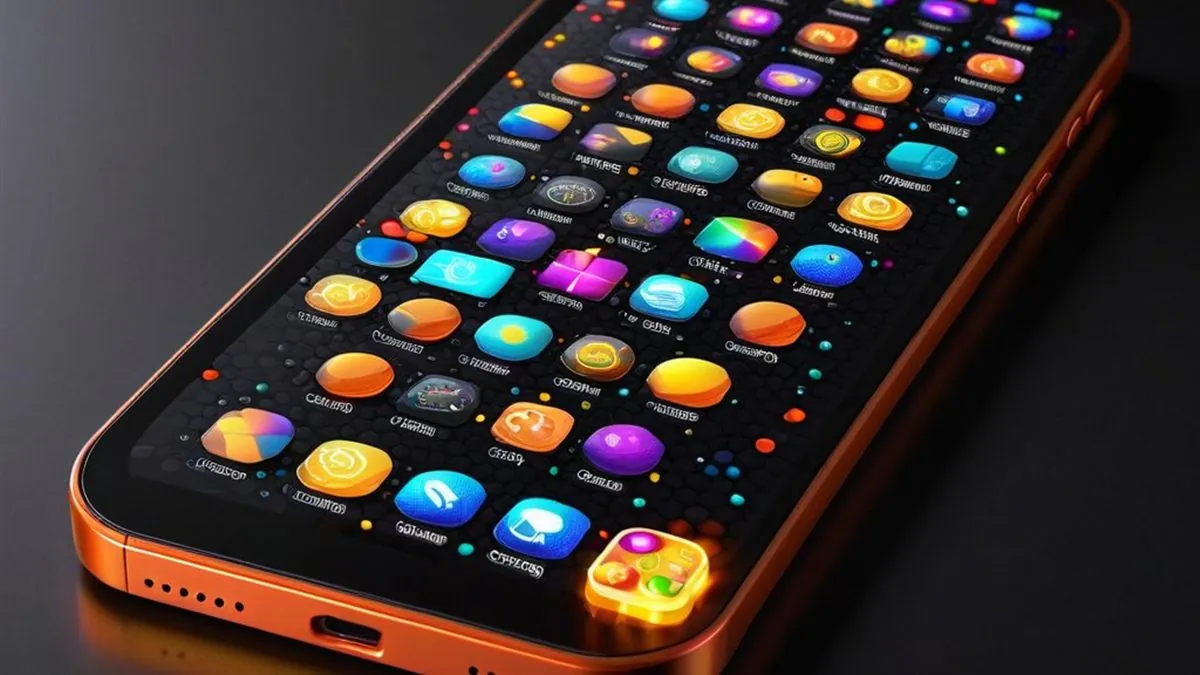 Celular naranja sobre una mesa oscura con una cuadrícula de iconos de juegos de colores