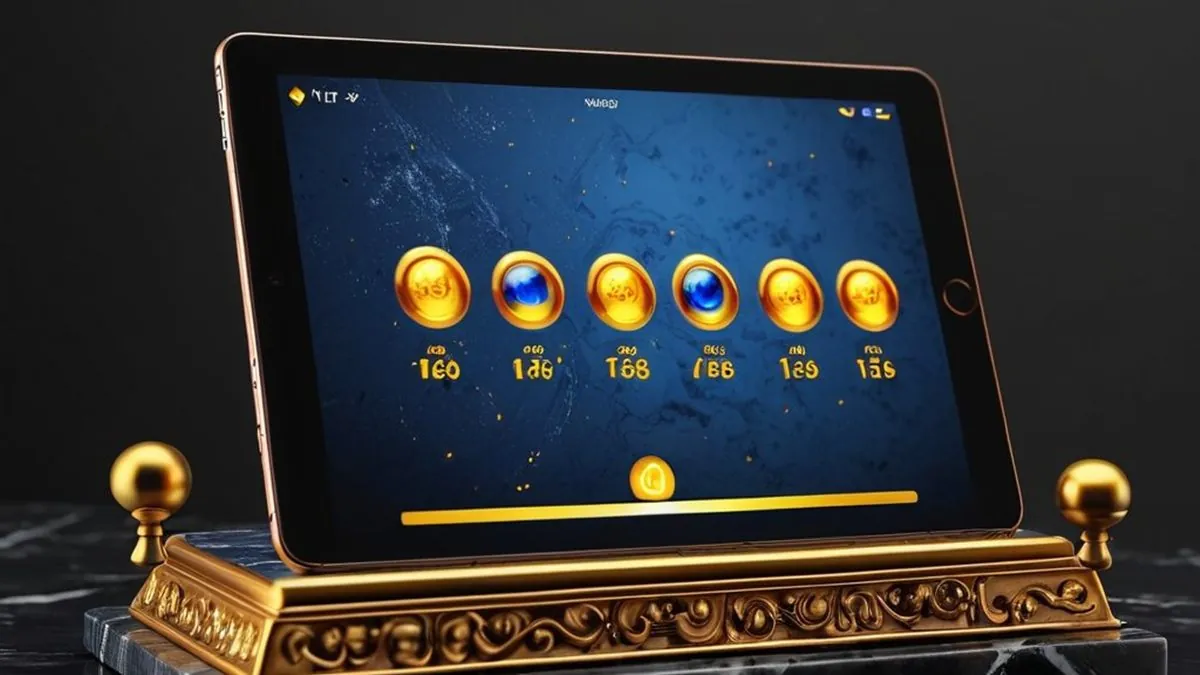 Tablet con monedas doradas y azules en pantalla sobre una base dorada de mármol
