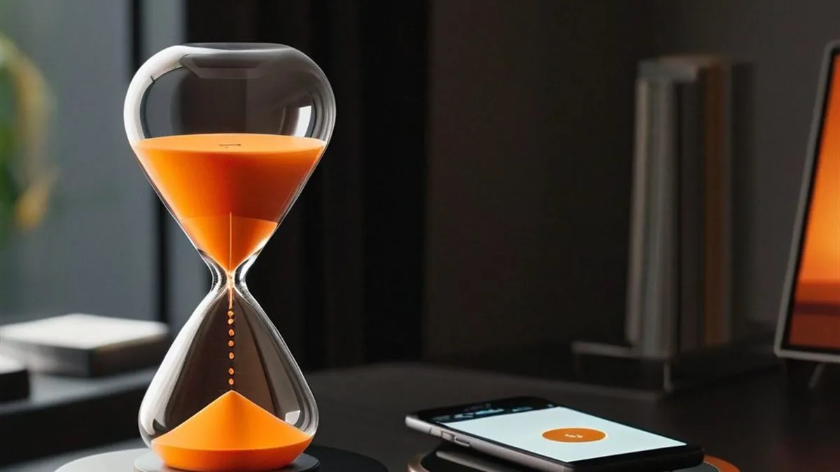 Reloj de arena naranja junto a un celular sobre una base en un escritorio oscuro