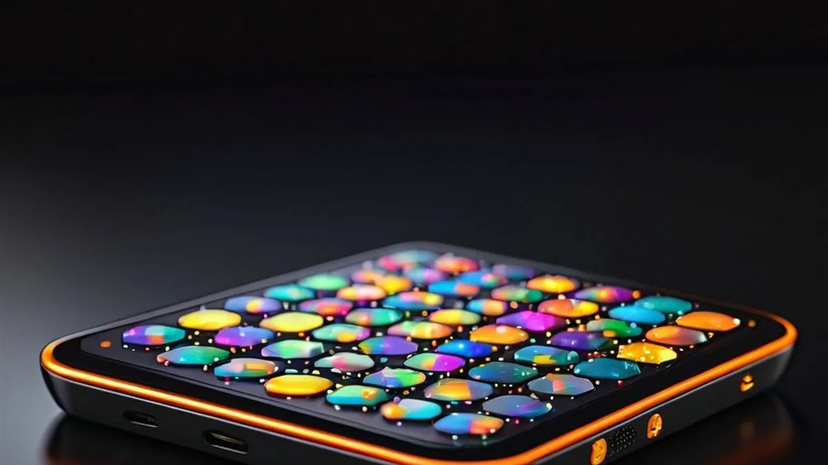 Celular sobre una mesa oscura con una cuadrícula de iconos de juegos de colores y borde naranja