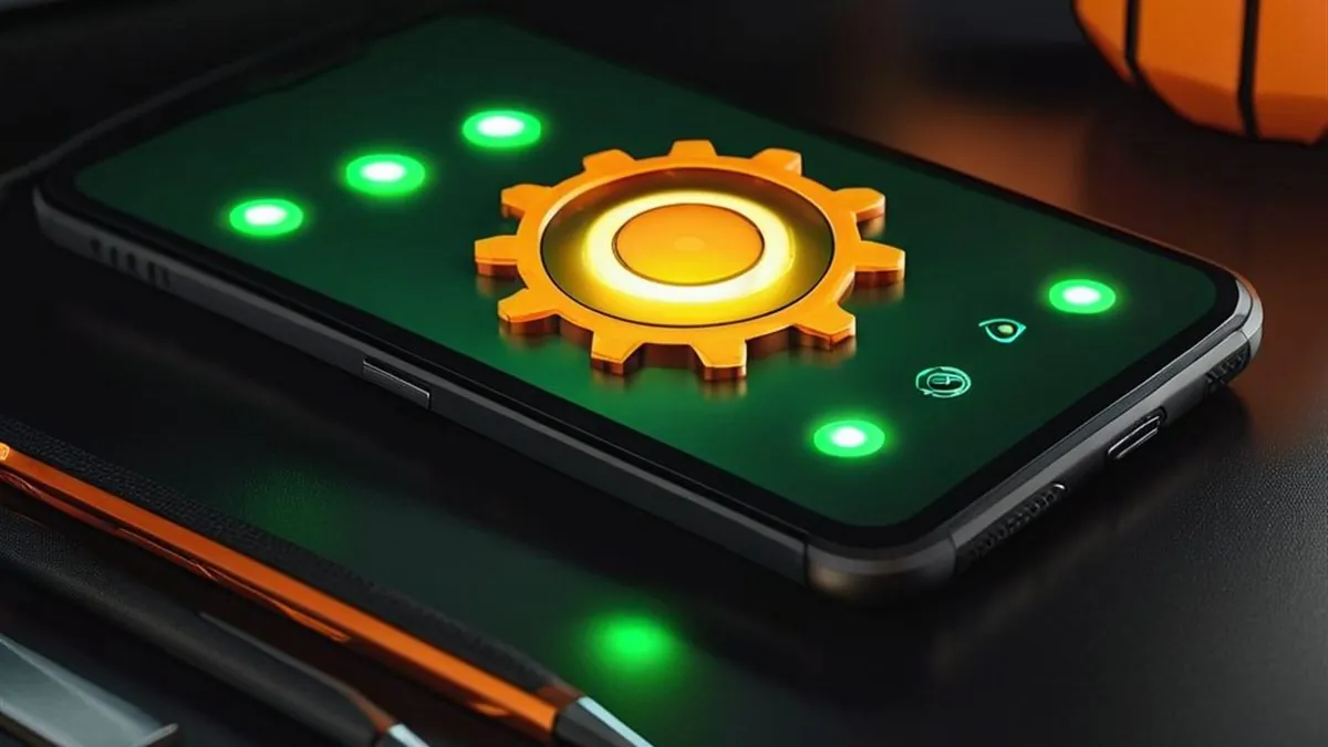 Celular con un engrane naranja en pantalla verde junto a herramientas sobre el escritorio